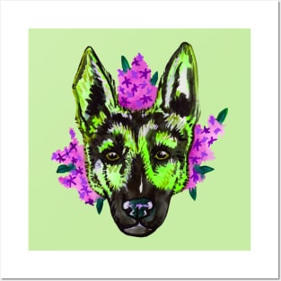 Colorful watercolor dog in flowers Posters and Art